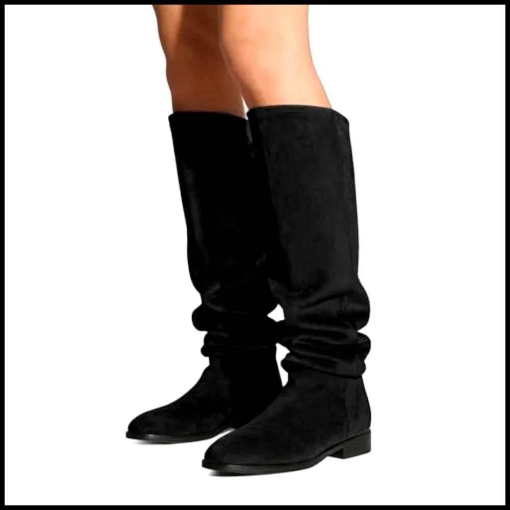 Suede Convertible Knee High Boots Fold Over Slouchy Flat Round Toe - Picture 3 of 7
